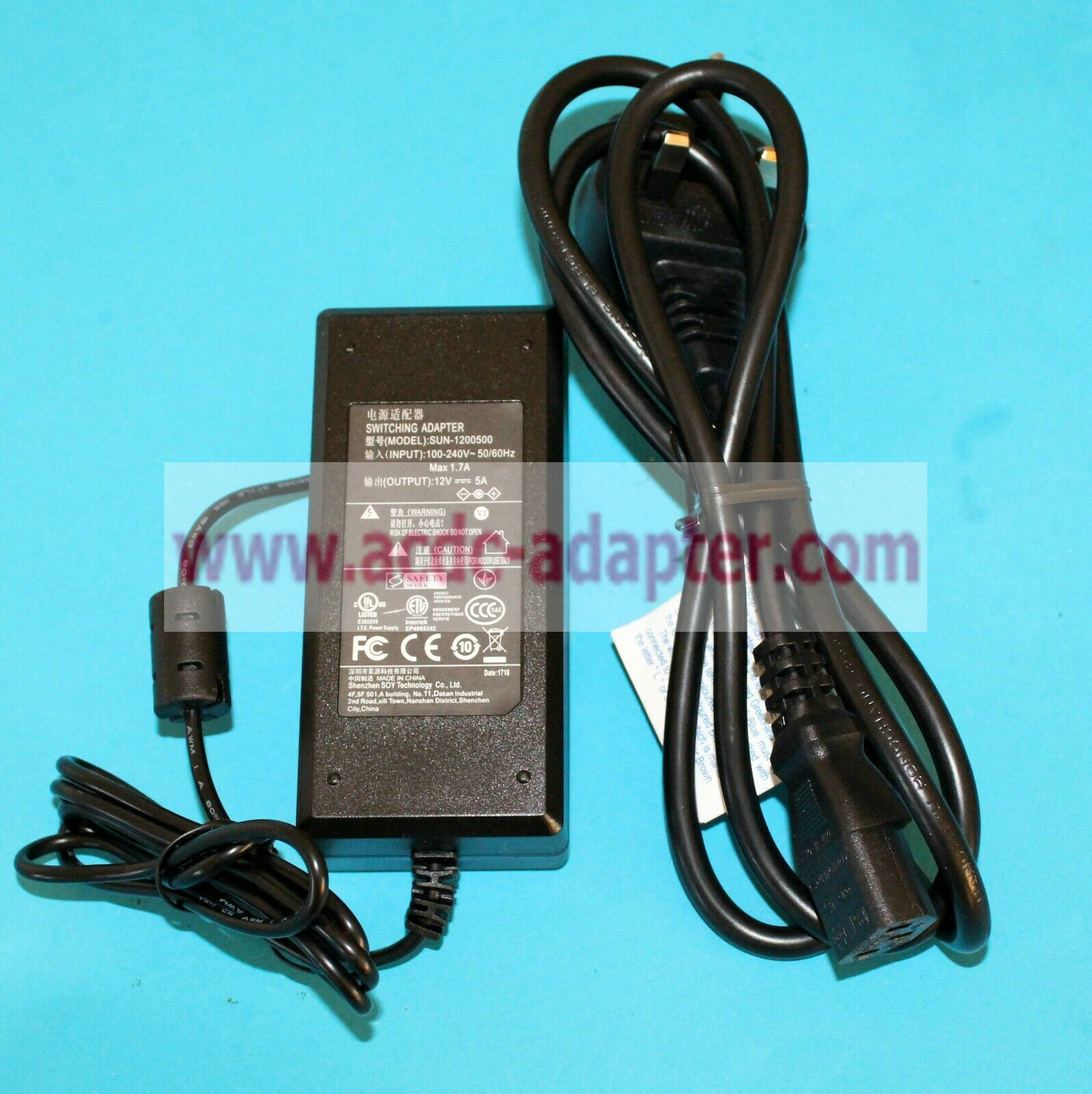 New SUN-1200500 12V 5A SWITCHING ADAPTER POWER SUPPLY